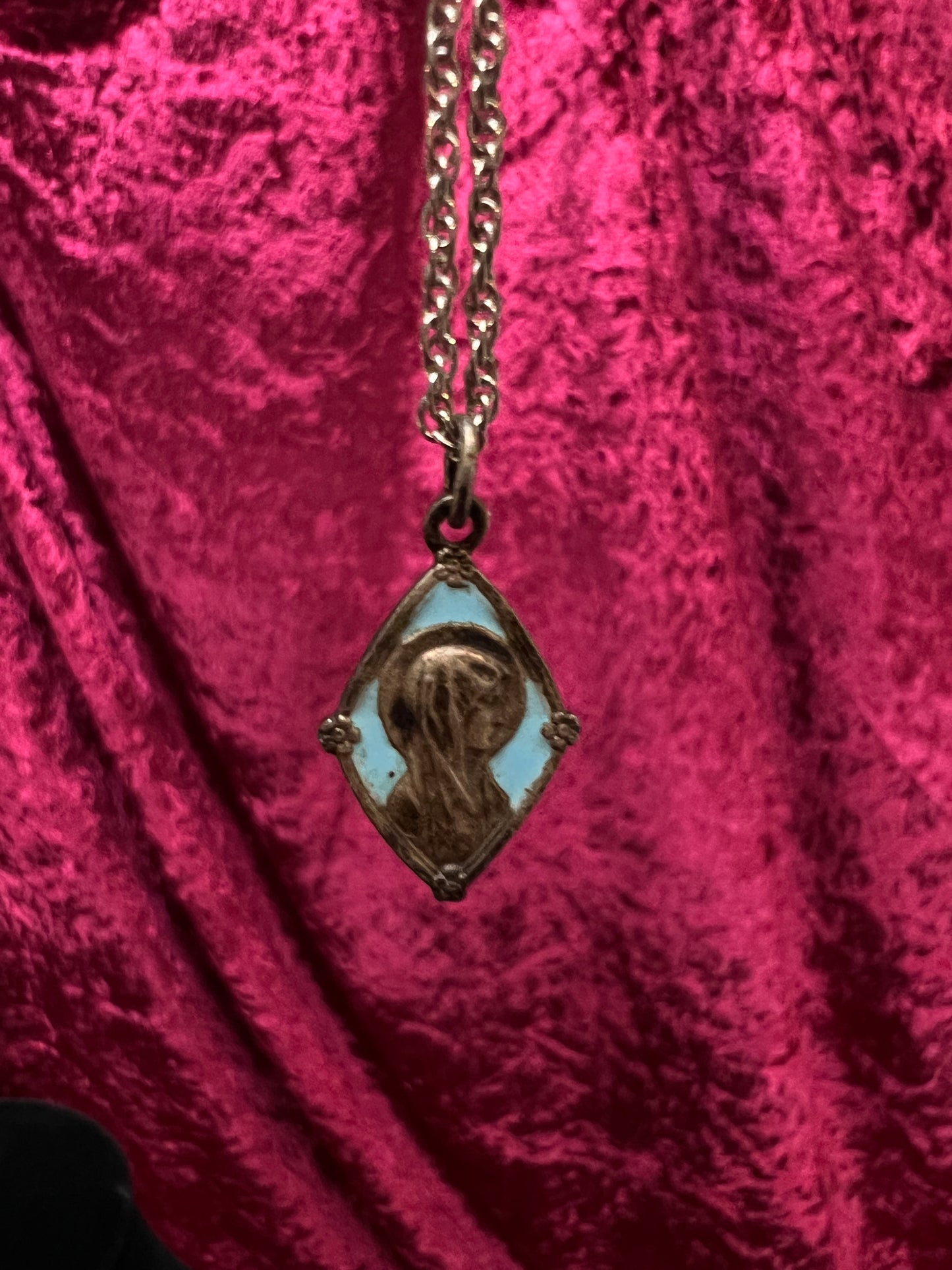 Vintage Silver Tone Religious Medal Necklace - Blue Enamel Marian Pendant