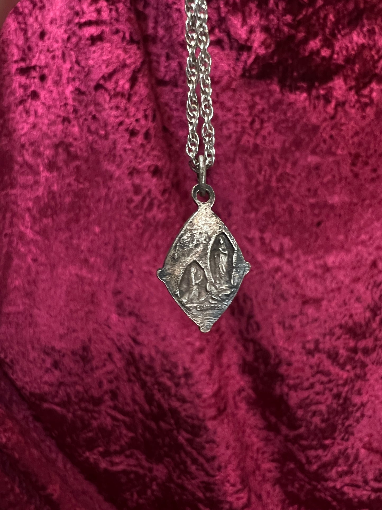 Vintage Silver Tone Religious Medal Necklace - Blue Enamel Marian Pendant