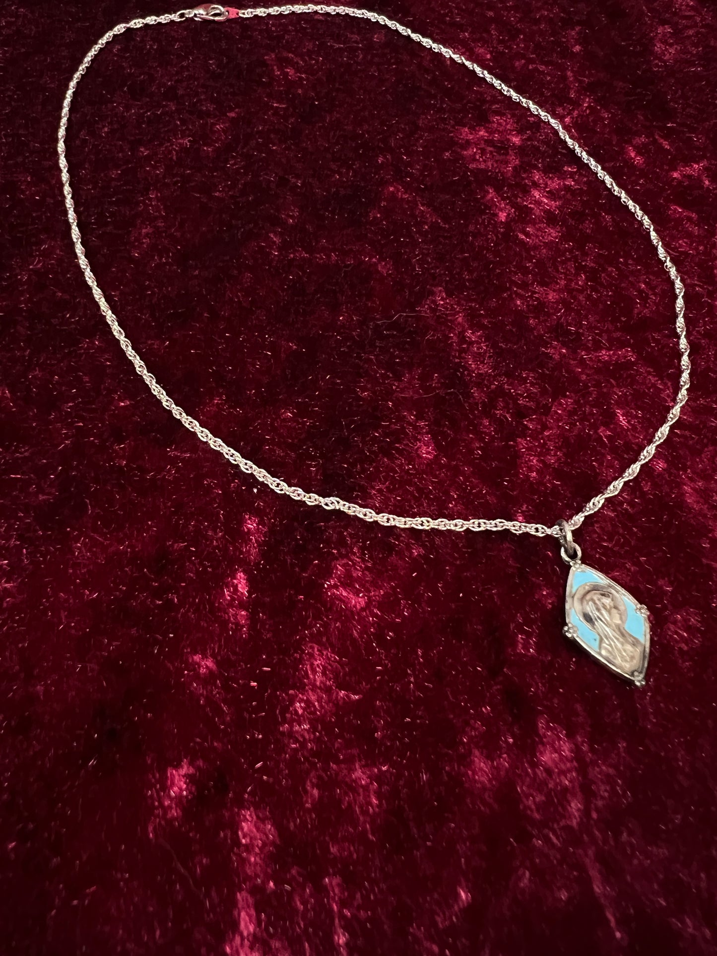 Vintage Silver Tone Religious Medal Necklace - Blue Enamel Marian Pendant