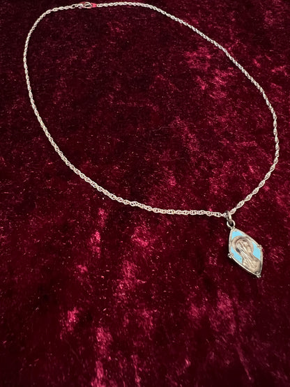 Vintage Silver Tone Religious Medal Necklace - Blue Enamel Marian Pendant
