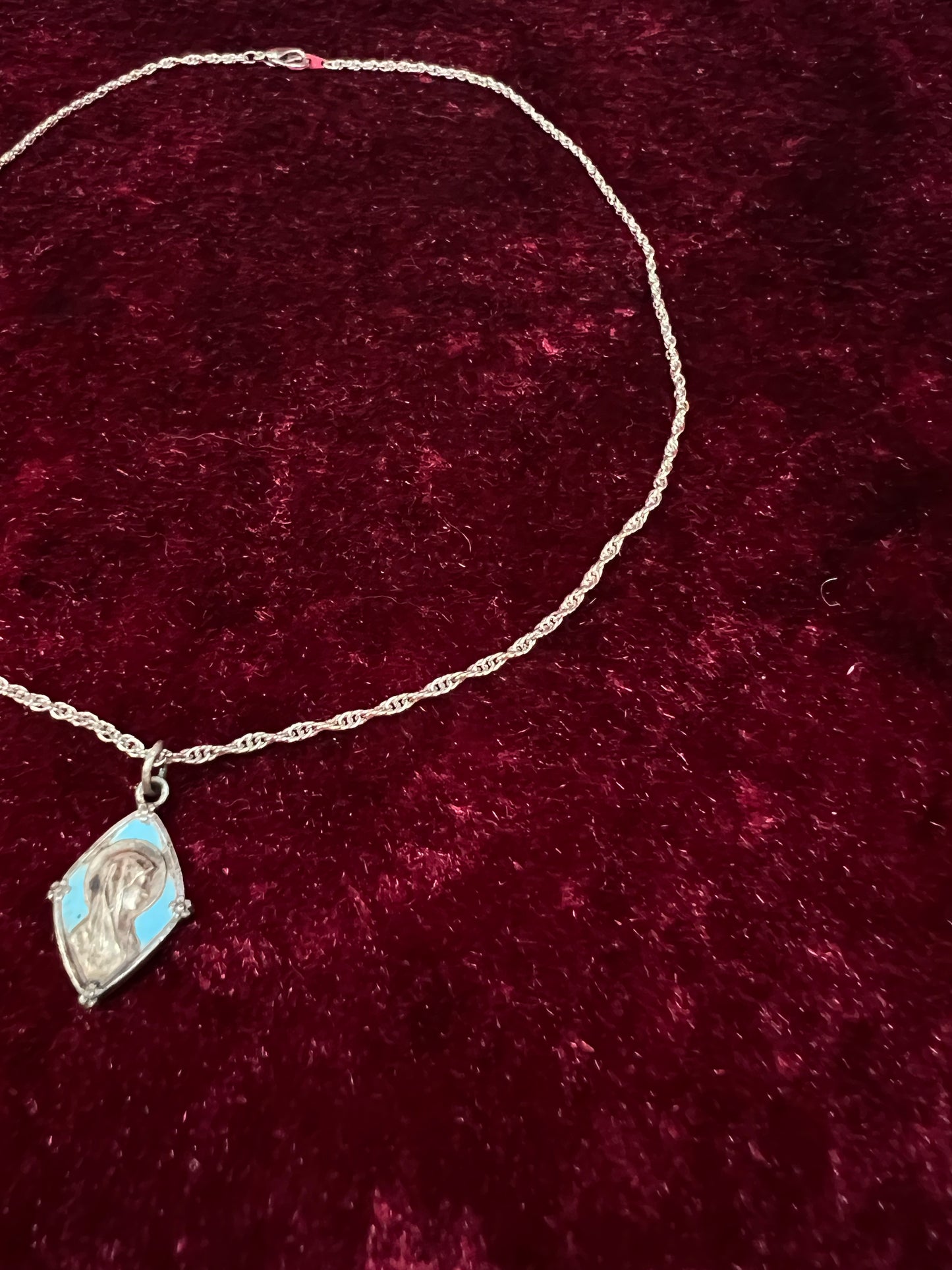 Vintage Silver Tone Religious Medal Necklace - Blue Enamel Marian Pendant