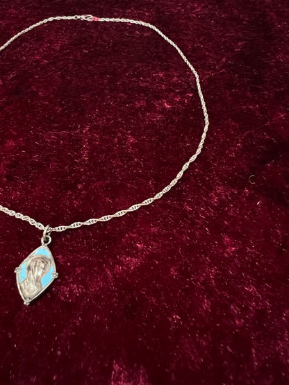 Vintage Silver Tone Religious Medal Necklace - Blue Enamel Marian Pendant