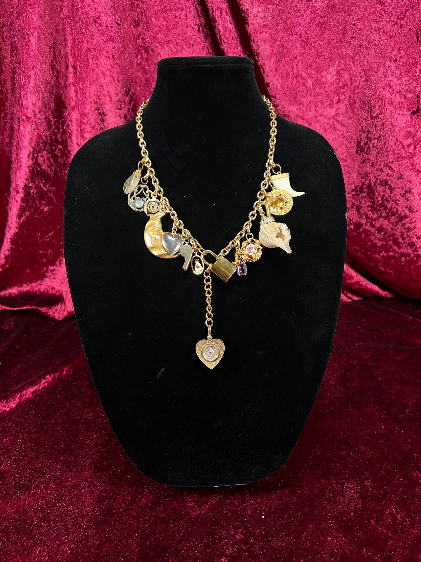 Vintage Gold Tone Trinket Charm Necklace - Eclectic Keepsake Statement Piece