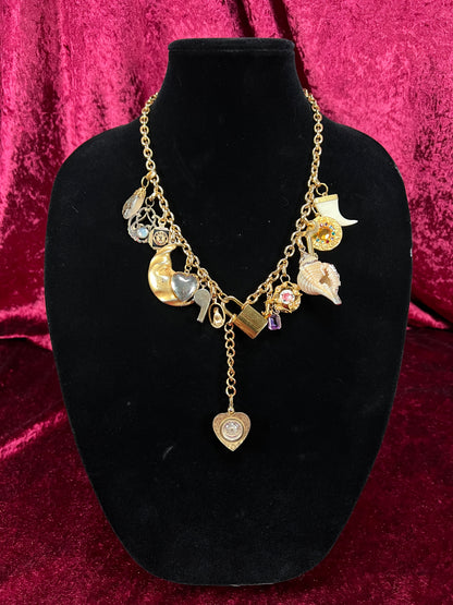 Vintage Gold Tone Trinket Charm Necklace - Eclectic Keepsake Statement Piece