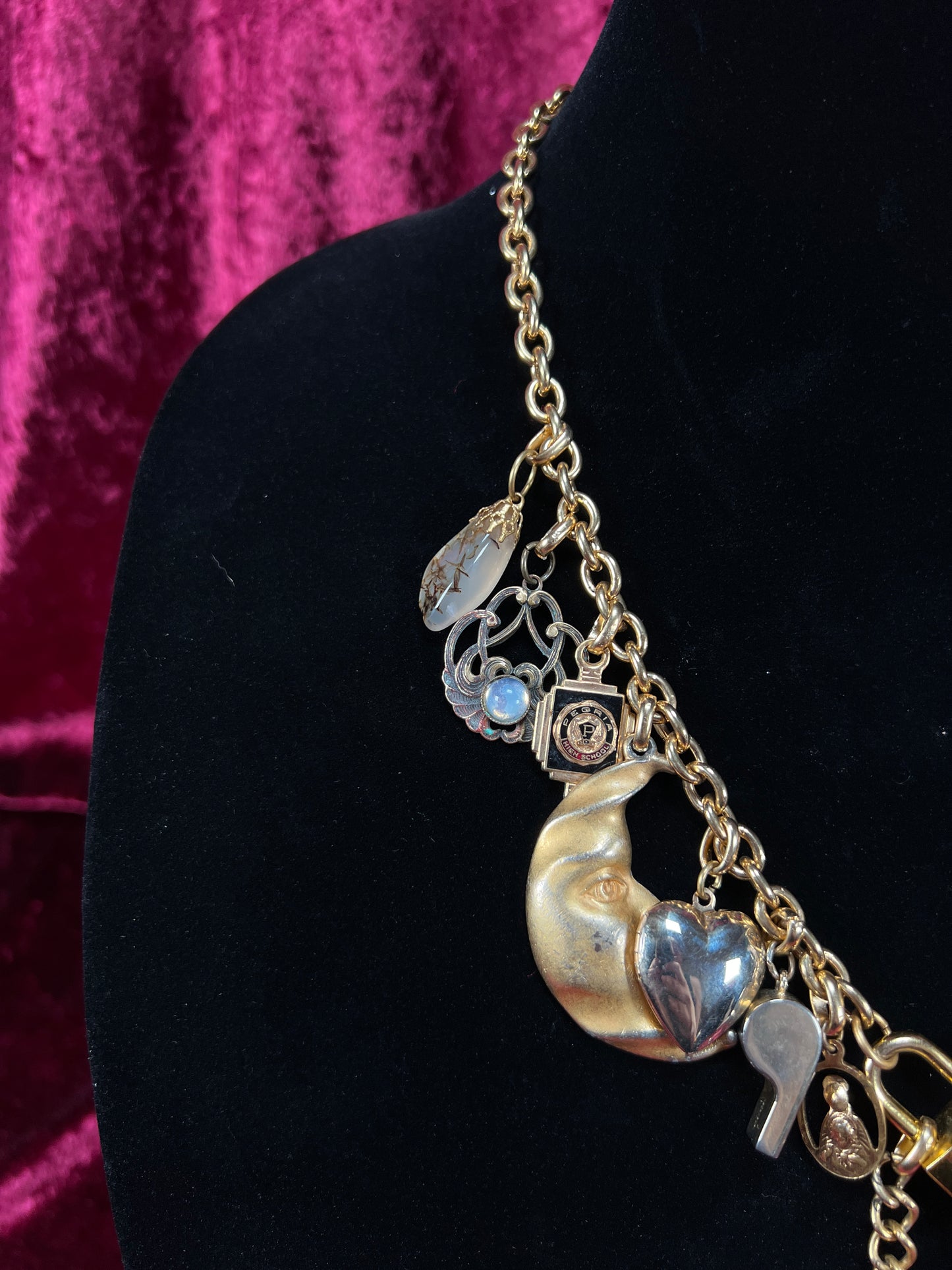 Vintage Gold Tone Trinket Charm Necklace - Eclectic Keepsake Statement Piece