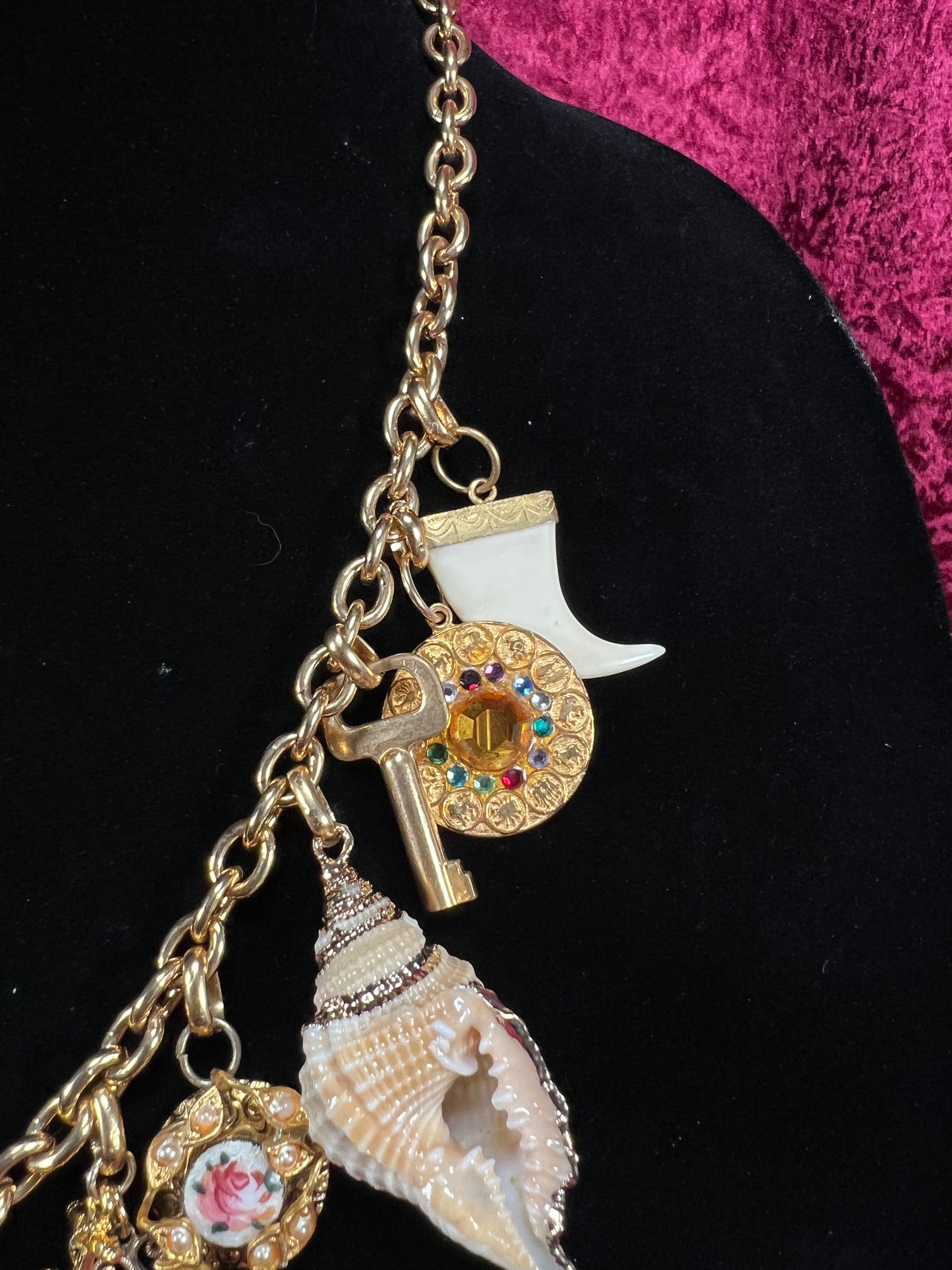 Vintage Gold Tone Trinket Charm Necklace - Eclectic Keepsake Statement Piece