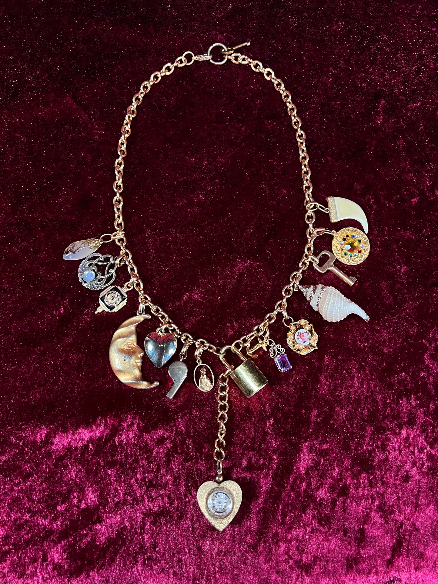 Vintage Gold Tone Trinket Charm Necklace - Eclectic Keepsake Statement Piece