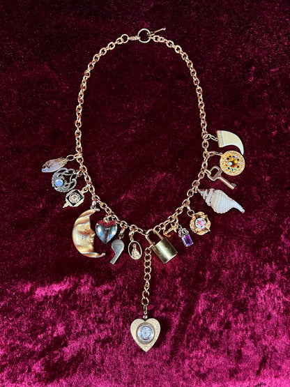 Vintage Gold Tone Trinket Charm Necklace - Eclectic Keepsake Statement Piece