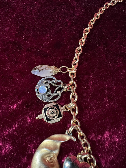 Vintage Gold Tone Trinket Charm Necklace - Eclectic Keepsake Statement Piece