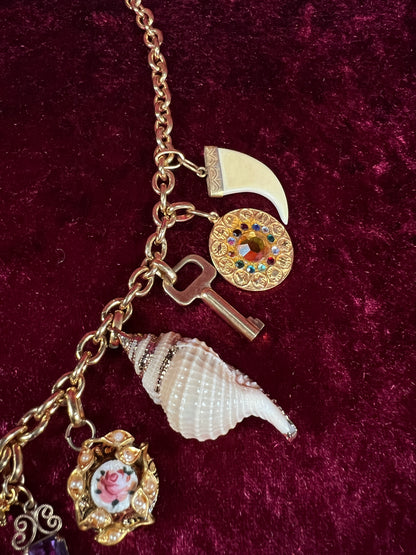 Vintage Gold Tone Trinket Charm Necklace - Eclectic Keepsake Statement Piece