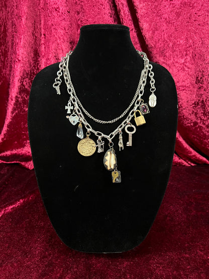 Vintage Mixed Metal Trinket Charm Necklace - Keys Locks and Curio Collection