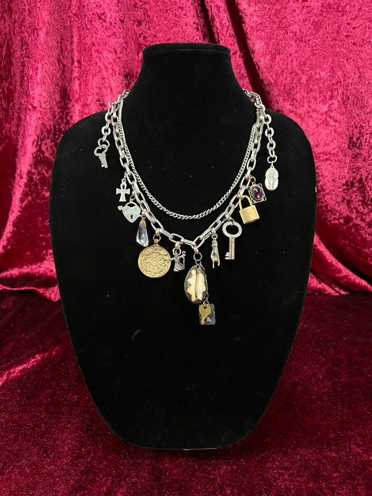 Vintage Mixed Metal Trinket Charm Necklace - Keys Locks and Curio Collection