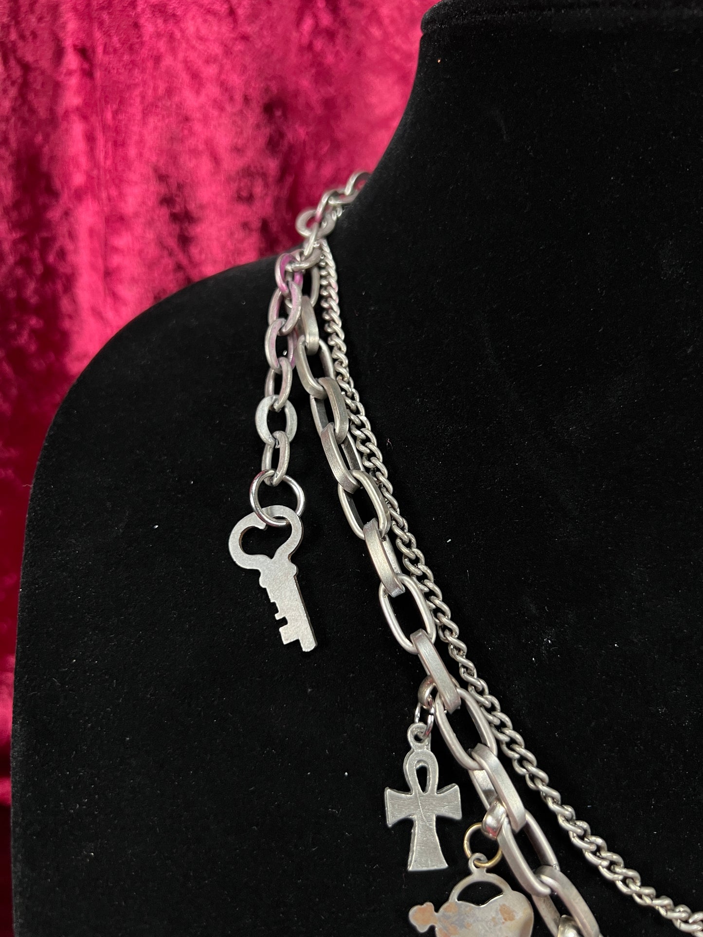 Vintage Mixed Metal Trinket Charm Necklace - Keys Locks and Curio Collection