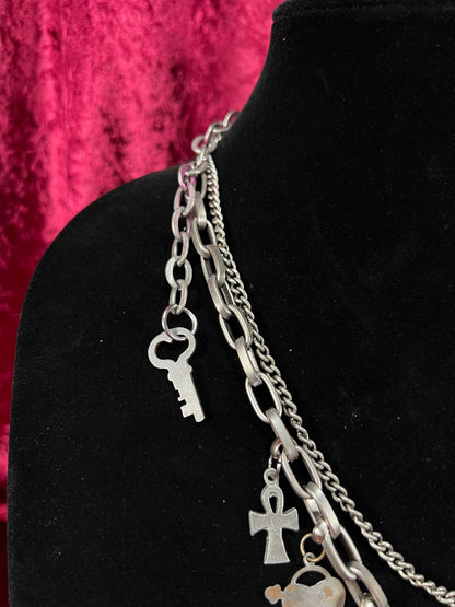 Vintage Mixed Metal Trinket Charm Necklace - Keys Locks and Curio Collection
