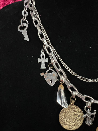 Vintage Mixed Metal Trinket Charm Necklace - Keys Locks and Curio Collection
