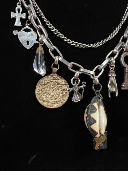 Vintage Mixed Metal Trinket Charm Necklace - Keys Locks and Curio Collection