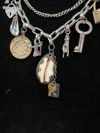 Vintage Mixed Metal Trinket Charm Necklace - Keys Locks and Curio Collection