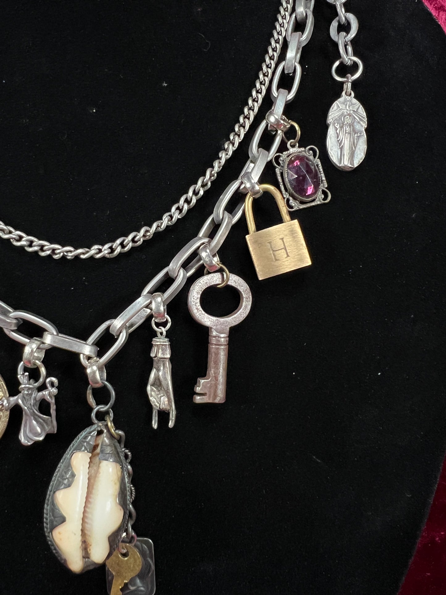 Vintage Mixed Metal Trinket Charm Necklace - Keys Locks and Curio Collection