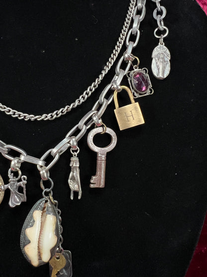 Vintage Mixed Metal Trinket Charm Necklace - Keys Locks and Curio Collection