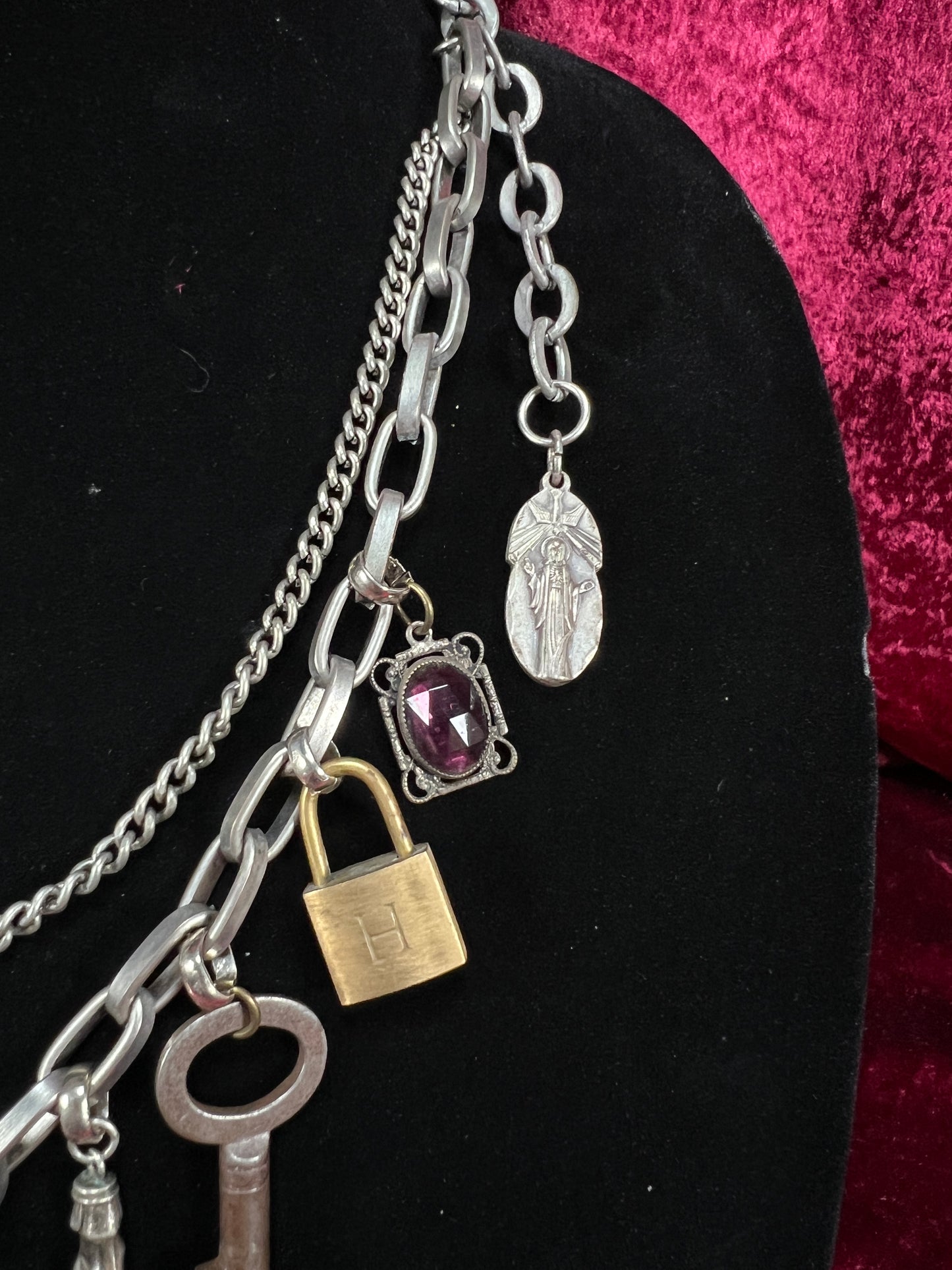 Vintage Mixed Metal Trinket Charm Necklace - Keys Locks and Curio Collection