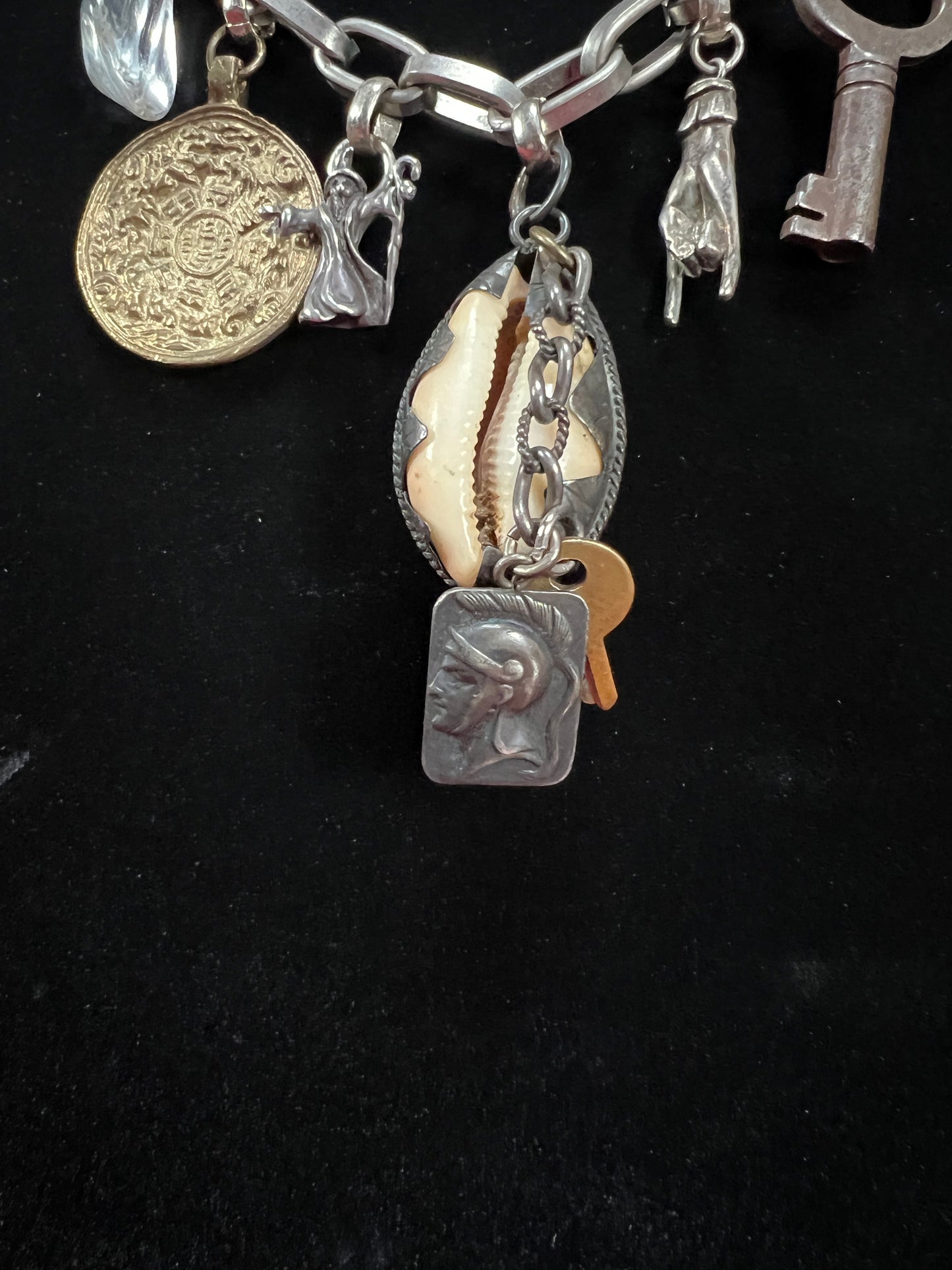 Vintage Mixed Metal Trinket Charm Necklace - Keys Locks and Curio Collection