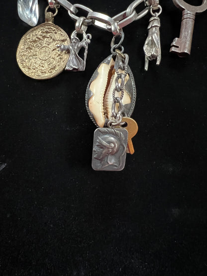 Vintage Mixed Metal Trinket Charm Necklace - Keys Locks and Curio Collection
