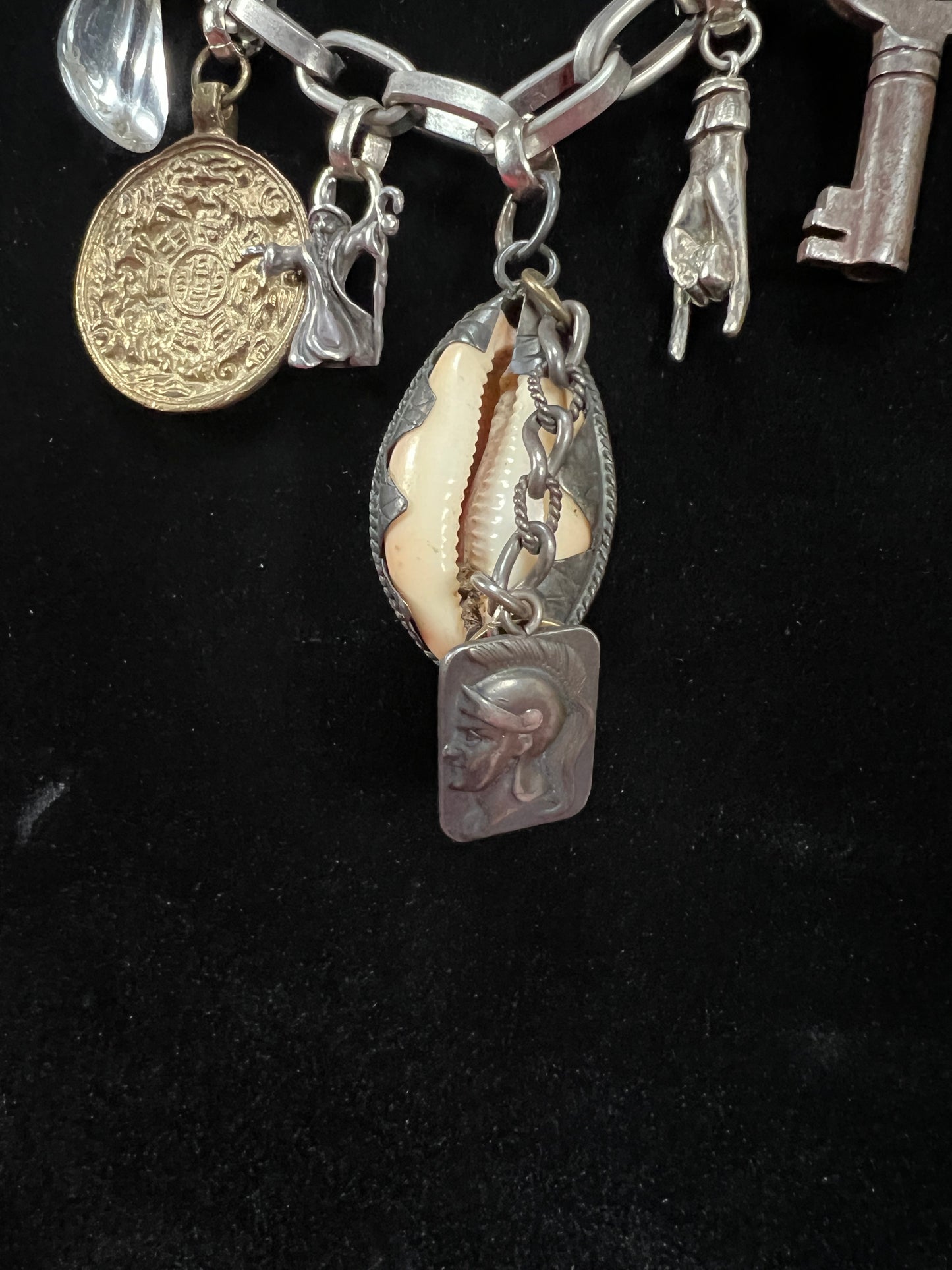 Vintage Mixed Metal Trinket Charm Necklace - Keys Locks and Curio Collection