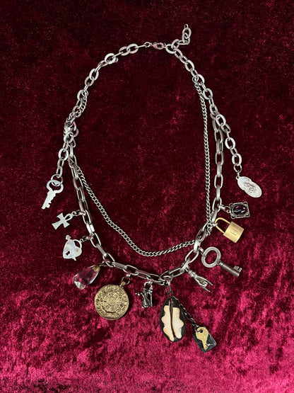 Vintage Mixed Metal Trinket Charm Necklace - Keys Locks and Curio Collection