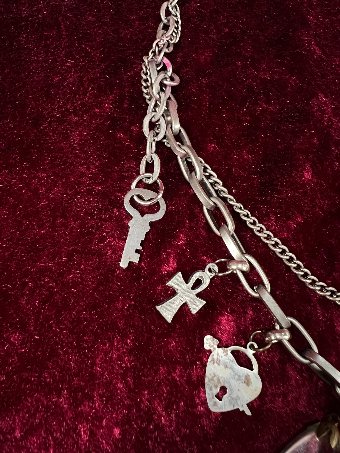 Vintage Mixed Metal Trinket Charm Necklace - Keys Locks and Curio Collection