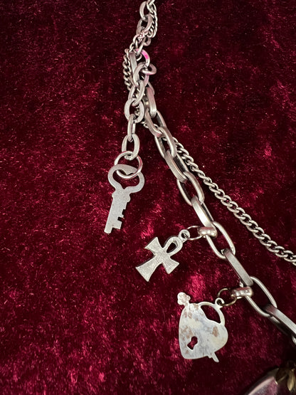 Vintage Mixed Metal Trinket Charm Necklace - Keys Locks and Curio Collection