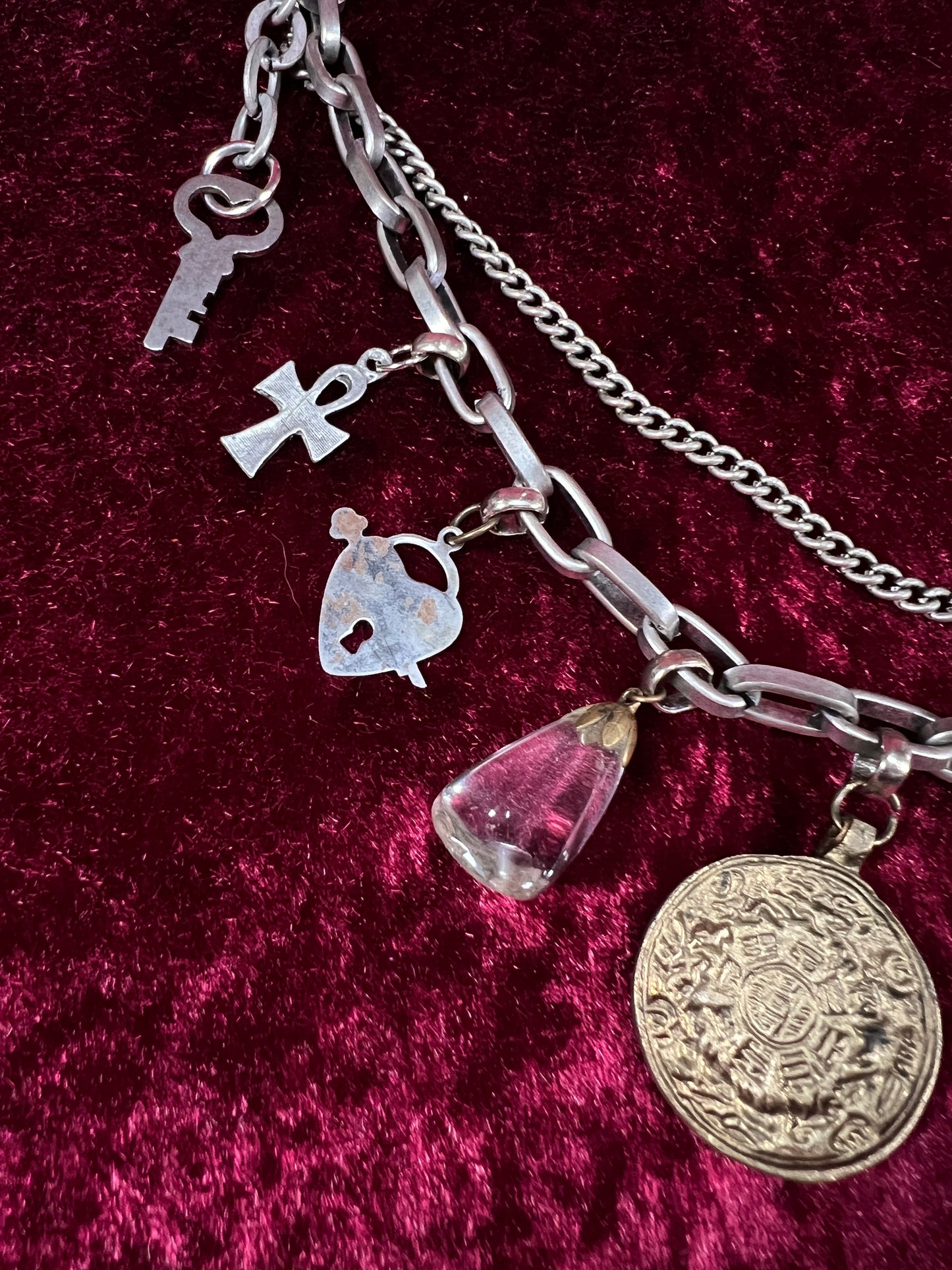 Vintage Mixed Metal Trinket Charm Necklace - Keys Locks and Curio Collection