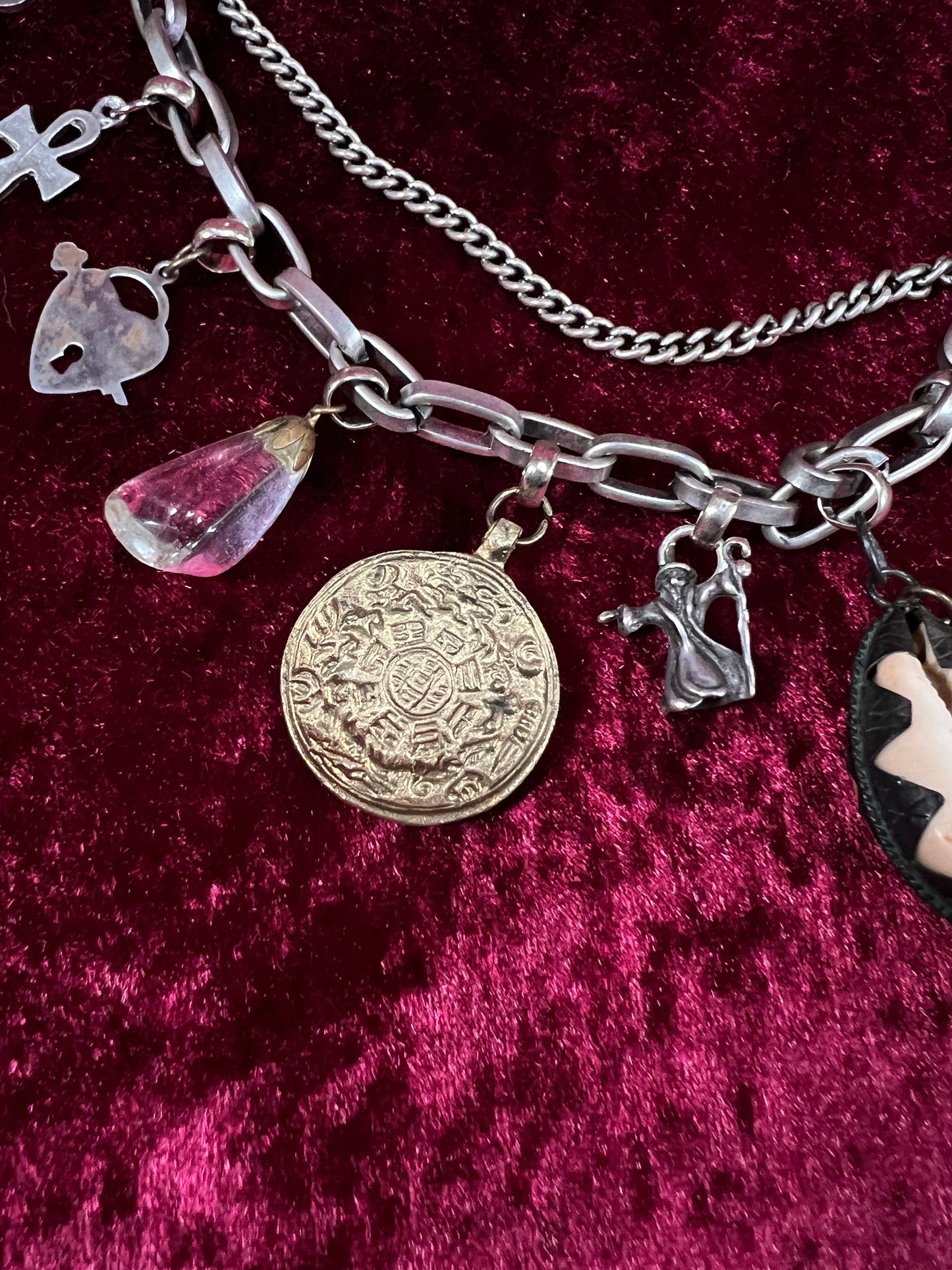 Vintage Mixed Metal Trinket Charm Necklace - Keys Locks and Curio Collection
