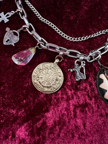 Vintage Mixed Metal Trinket Charm Necklace - Keys Locks and Curio Collection
