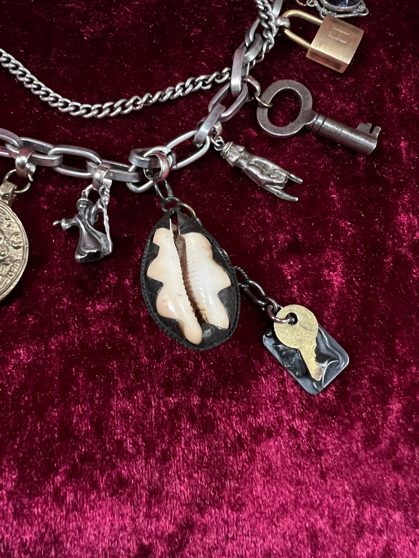 Vintage Mixed Metal Trinket Charm Necklace - Keys Locks and Curio Collection