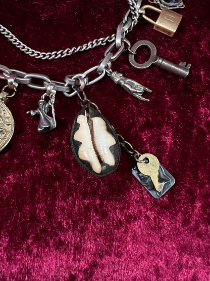 Vintage Mixed Metal Trinket Charm Necklace - Keys Locks and Curio Collection