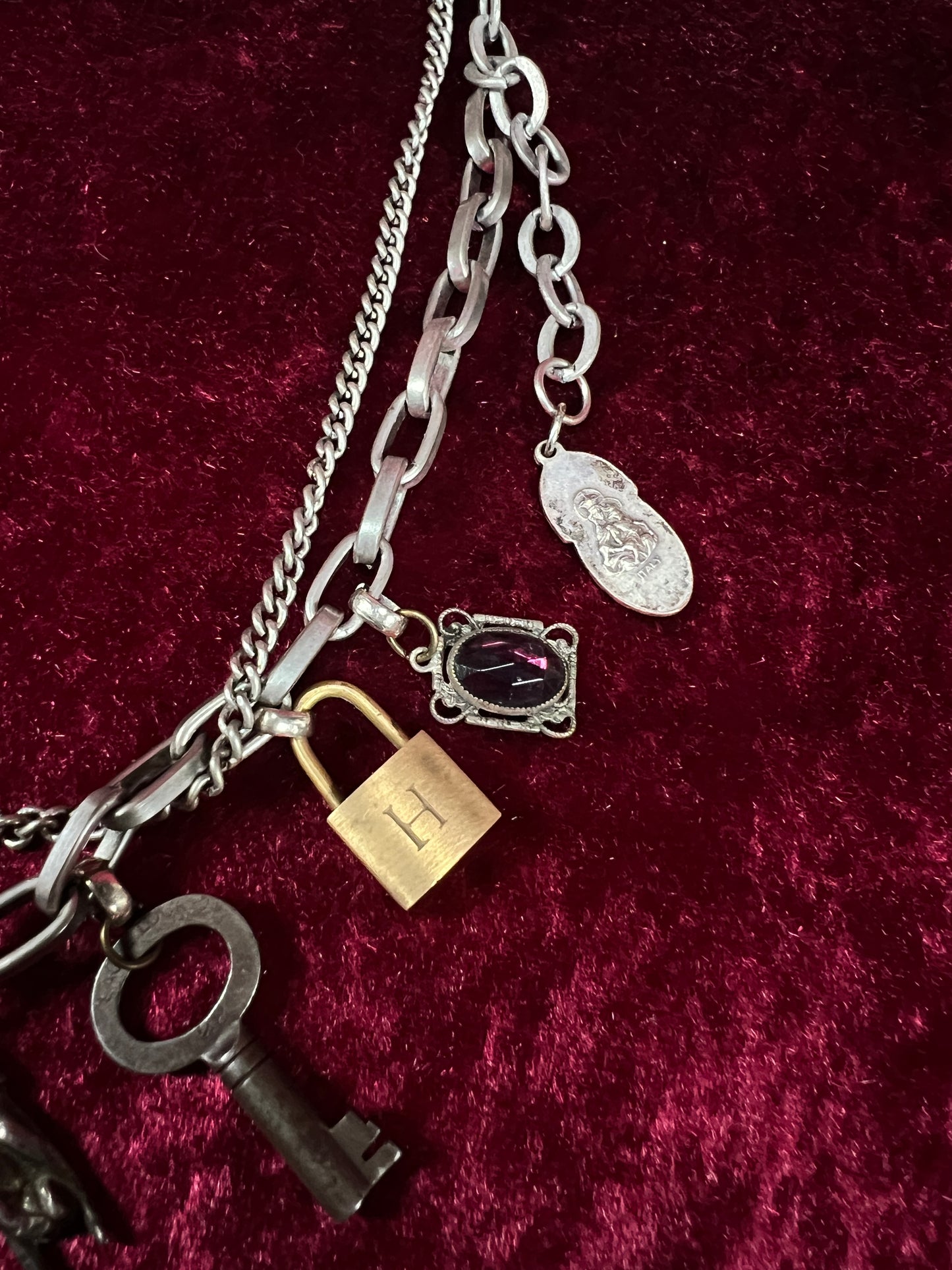 Vintage Mixed Metal Trinket Charm Necklace - Keys Locks and Curio Collection