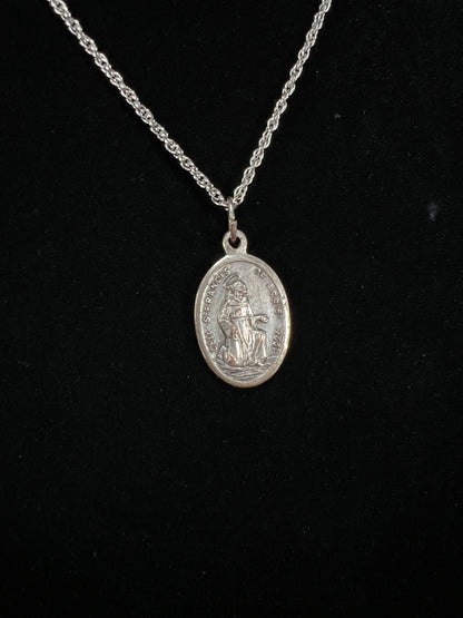 Vintage Silver Tone Pendant Necklace - Saint Francis Medal Religious Charm