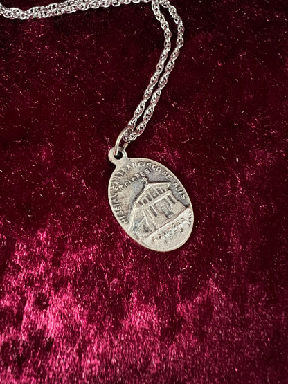 Vintage Silver Tone Pendant Necklace - Saint Francis Medal Religious Charm