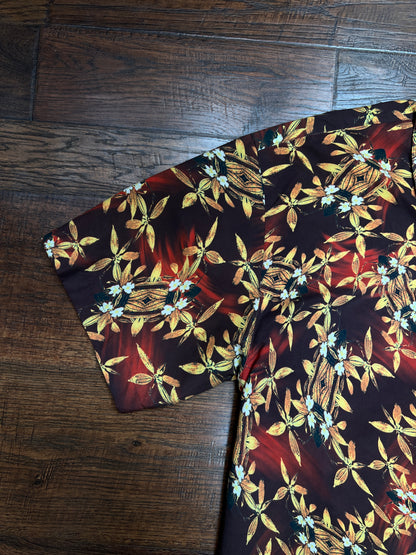 Vintage Rayon Hawaiian Shirt - No Fear Tiki Lantern Floral Print - Large