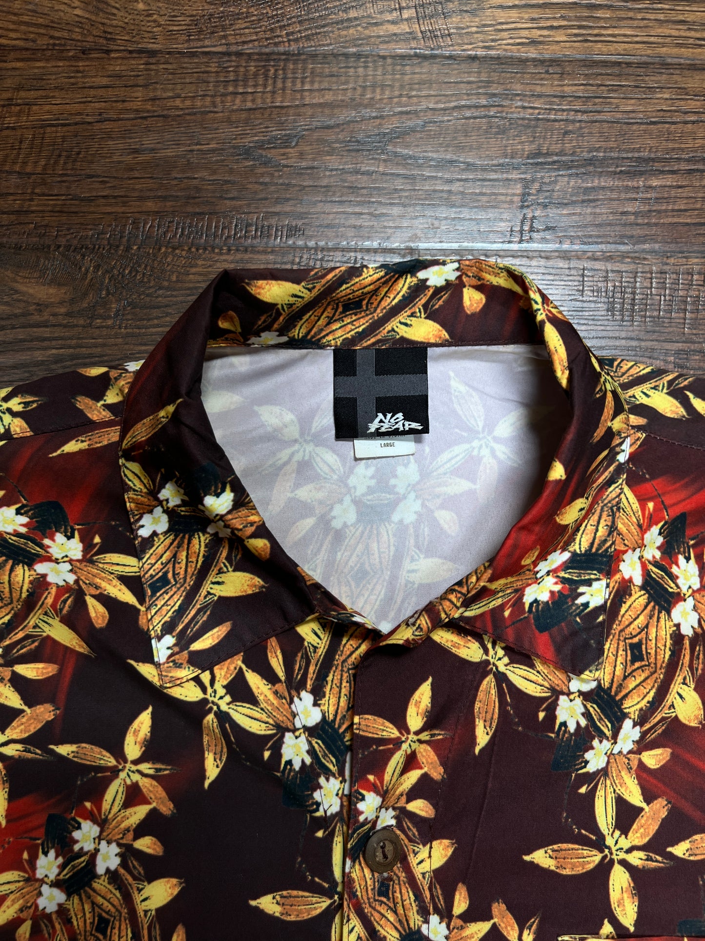 Vintage Rayon Hawaiian Shirt - No Fear Tiki Lantern Floral Print - Large