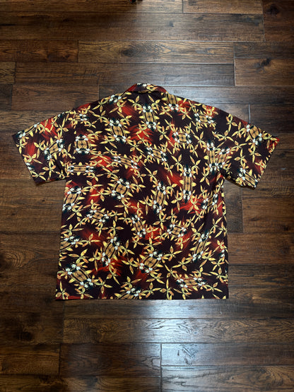 Vintage Rayon Hawaiian Shirt - No Fear Tiki Lantern Floral Print - Large