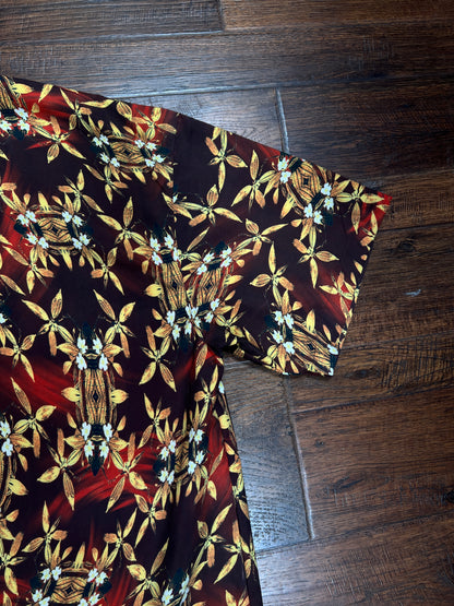 Vintage Rayon Hawaiian Shirt - No Fear Tiki Lantern Floral Print - Large