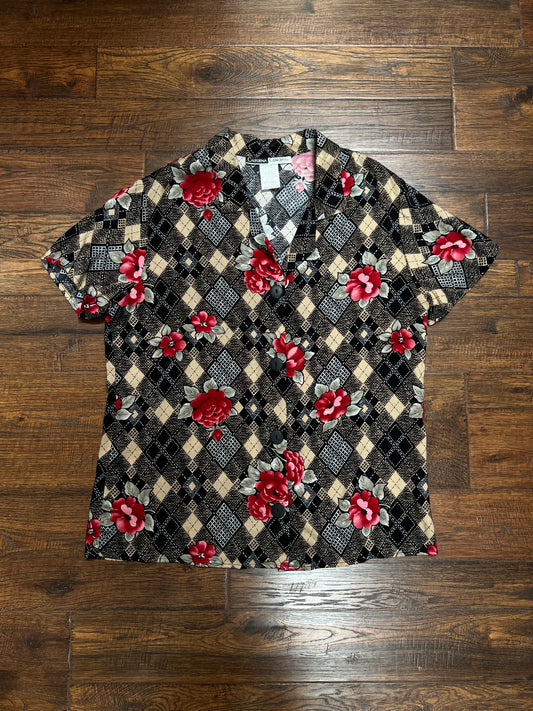 Vintage Rayon Blouse - Argyle Floral Print California Concepts - Large