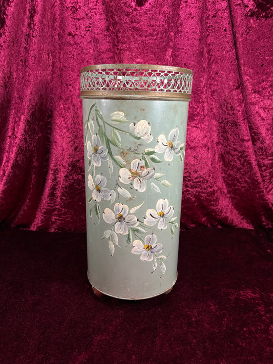 Vintage Plymouth Tole Metal Umbrella Stand – Hand Painted Toleware Daisies with Ball Feet
