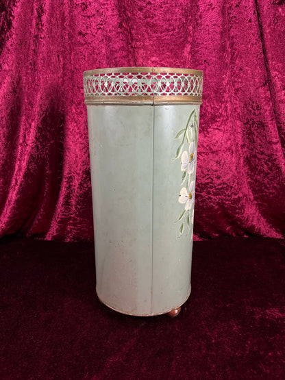 Vintage Plymouth Tole Metal Umbrella Stand – Hand Painted Toleware Daisies with Ball Feet