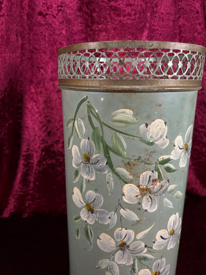 Vintage Plymouth Tole Metal Umbrella Stand – Hand Painted Toleware Daisies with Ball Feet