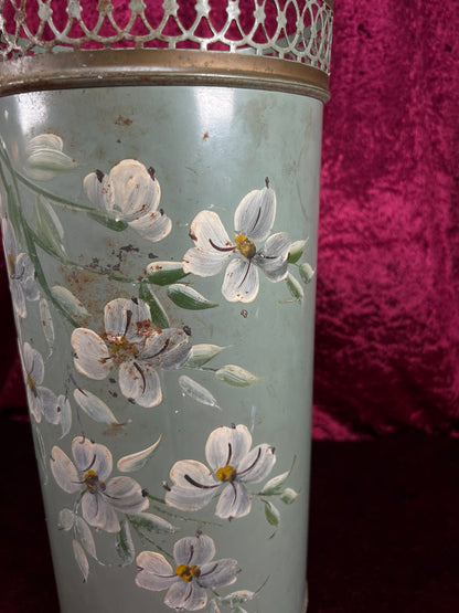 Vintage Plymouth Tole Metal Umbrella Stand – Hand Painted Toleware Daisies with Ball Feet
