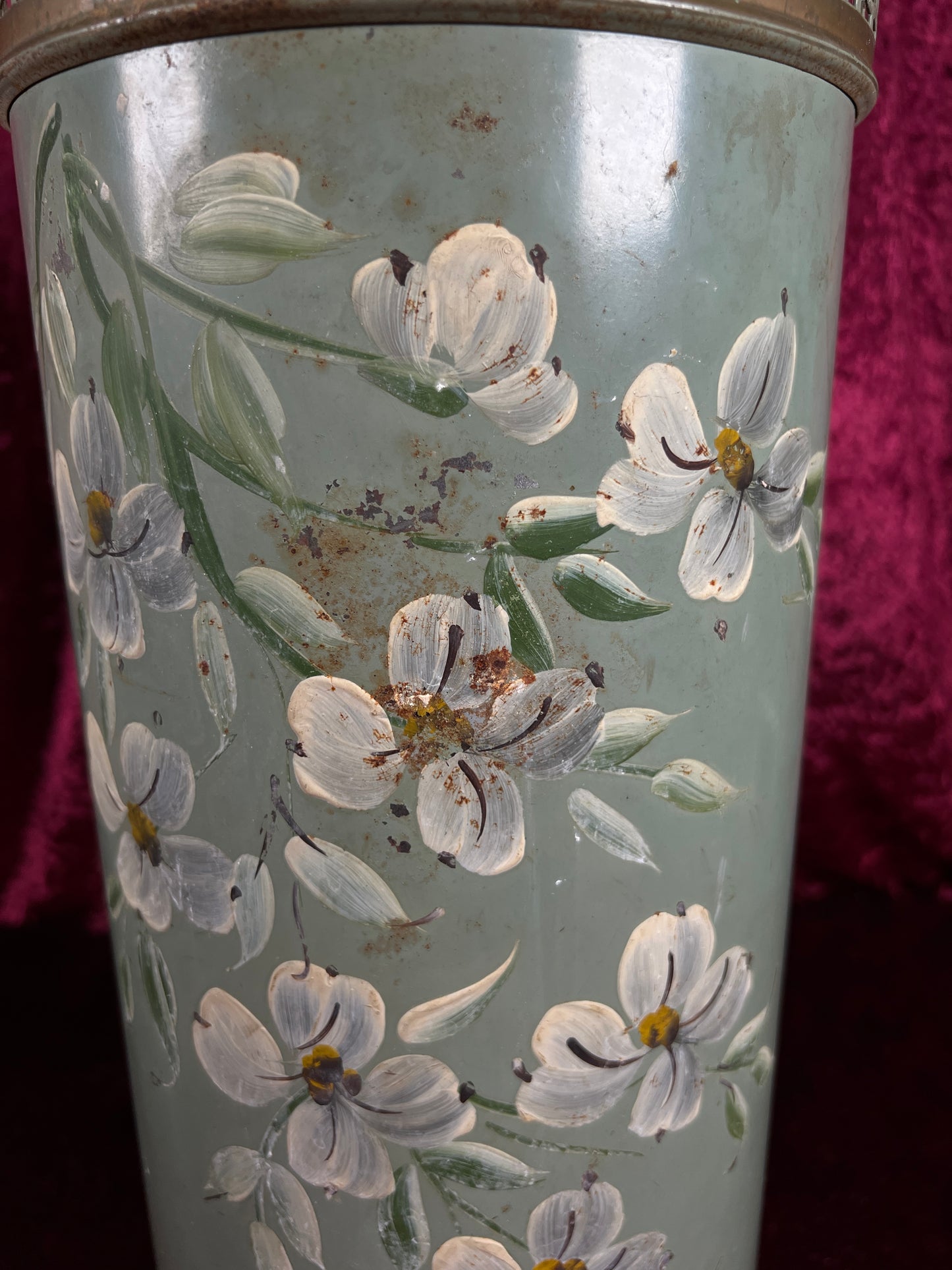 Vintage Plymouth Tole Metal Umbrella Stand – Hand Painted Toleware Daisies with Ball Feet