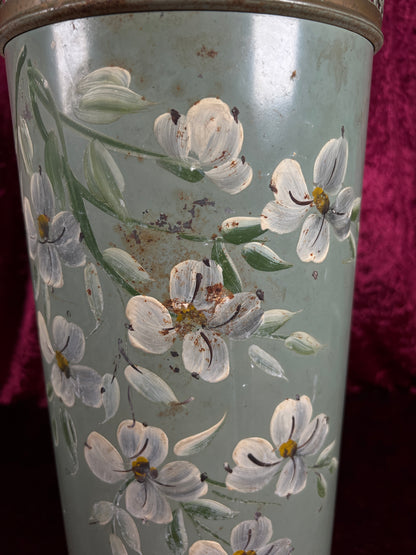 Vintage Plymouth Tole Metal Umbrella Stand – Hand Painted Toleware Daisies with Ball Feet