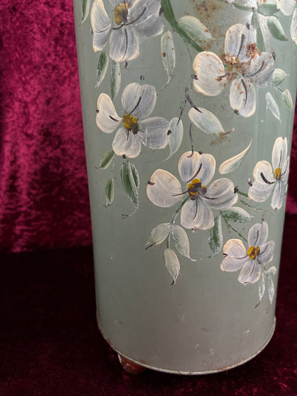 Vintage Plymouth Tole Metal Umbrella Stand – Hand Painted Toleware Daisies with Ball Feet